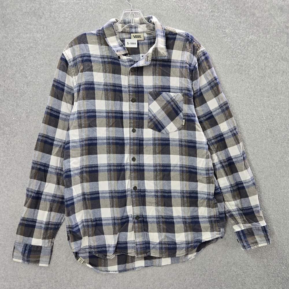 VANS Men Button Up Shirt Medium Blue Plaid Flannel Pocket Long Sleeve Collar